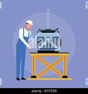 Worker on factory car and assembling shop vector illustration graphic design Stock Vector