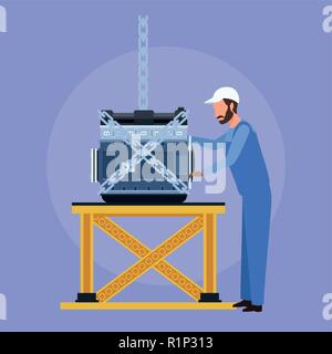 Worker on factory car and assembling shop vector illustration graphic design Stock Vector