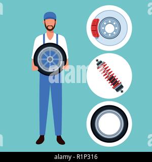 Worker on factory car and assembling shop vector illustration graphic design Stock Vector