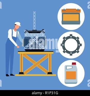 Worker on factory car and assembling shop vector illustration graphic design Stock Vector