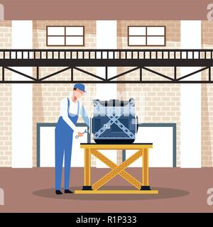 Worker on factory car and assembling shop vector illustration graphic design Stock Vector