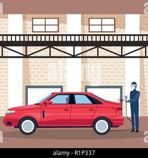 Worker on factory car and assembling shop vector illustration graphic design Stock Vector