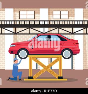 Worker on factory car and assembling shop vector illustration graphic design Stock Vector