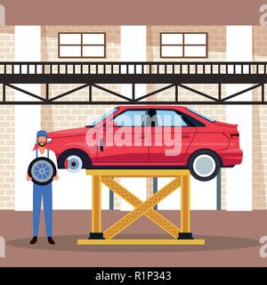 Worker on factory car and assembling shop vector illustration graphic design Stock Vector