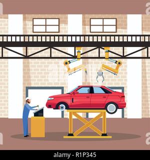 Worker on factory car and assembling shop vector illustration graphic design Stock Vector