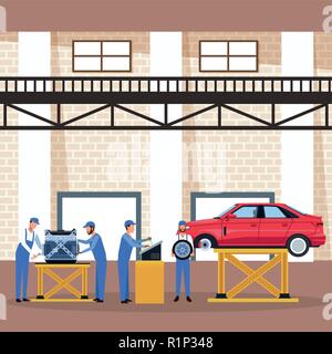 Workers on factory car and assembling shop vector illustration graphic design Stock Vector