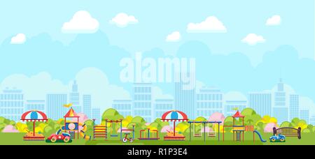 Panoramic view of city playground in park Stock Vector