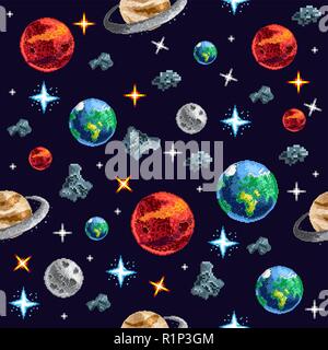 Colorful pixel planets in seamless background Stock Vector