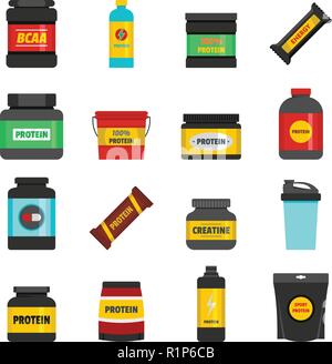 Protein sport nutrition containers icons set. Flat illustration of 16 train toy children vector icons for web Stock Vector