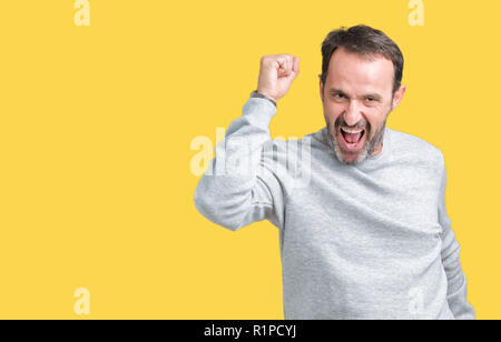 Handsome middle age senior man wearing a sweatshirt over isolated background Dancing happy and cheerful, smiling moving casual and confident listening Stock Photo