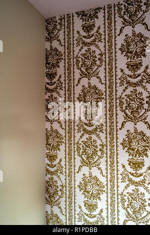 corner of room walls with plain wall and gold finished flock style old fashioned wallpaper Stock Photo