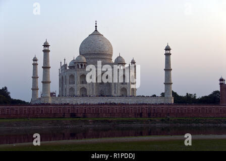 The Taj Mahal mausoleum, seen from the Mehtab Bagh, a riverside park and garden in Agra, India. Stock Photo