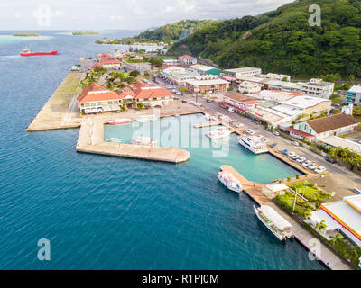 Uturoa, French Polynesia - Nov 16 2017: City centre, port harbour, and ferries to Tahaa. Raiatea, Leeward Islands, Society Islands, Oceania, South Pac Stock Photo