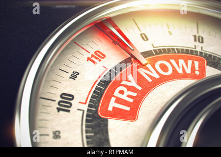 Try Now - Caption on Conceptual Dial with Red Needle. 3D. Stock Photo