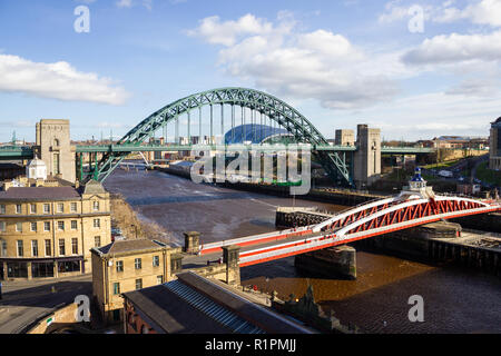 Newcastle upon Tyne: River Tyne view from High Level Bridge with Swing Bridge, Tyne Bridge