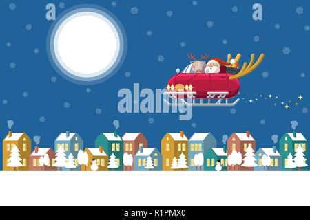 Santa Claus and Rudolph the red nose reindeer driving a sleigh car with deer horns flying over a winter town at night with moon, houses and snow Stock Vector