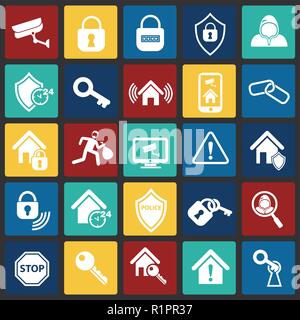 Home security set on color squares background Stock Vector