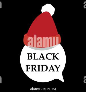 Black Friday Sale concept. White flat speech bubble on black background. Label Christmas Speech Bubble With Santa Claus Hat, Vector Illustration Stock Vector