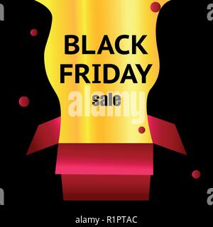 black Friday. Red box on a light black background. Flashing ornaments. Explosion of a gold box. black text on the box. Web illustration Stock Vector