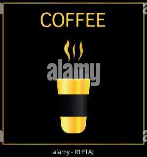 Paper coffee cup mock-up on black reflective background. Vector realistic illustration of coffee golden cup with black cap. Package mockup design for branding Stock Vector