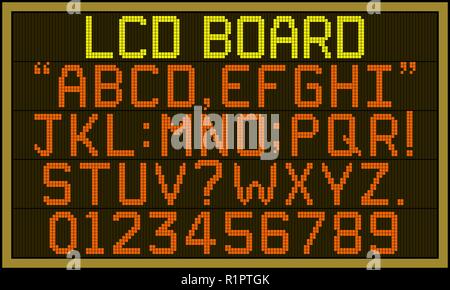 LCD board font - Retro LCD panel board with upper case alphabets, numerals and punctuation characters in square pixel font. Stock Vector