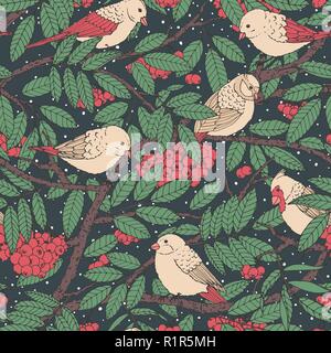 Hand drawn vector seamless pattern with birds, branches, leaves and rowanberry on black dotted background. Snowy winter decoration ornament for fabric Stock Vector