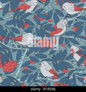 Hand drawn vector seamless pattern with birds, branches, leaves and rowanberry on blue dotted background. Snowy winter decoration ornament for fabric, Stock Vector