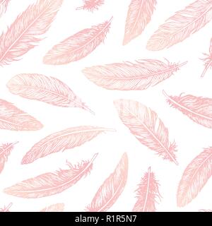 Hand drawn vector feathers line art seamless pattern on white background. Detailed pink boho decoration. Pastel ornament for wrapping paper, fabrics a Stock Vector