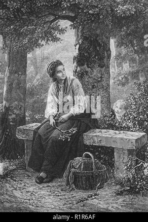 Digital improved reproduction, Young mother is sitting on a bench, her daughter is playing hide and seek, original print from the year 1880 Stock Photo