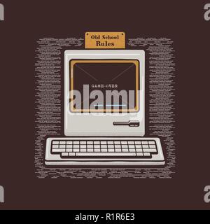 Old Personal Computer. Retro PC icon emblem with Old School Rules quote. Stock vector flat illustration isolated on dark background Stock Vector