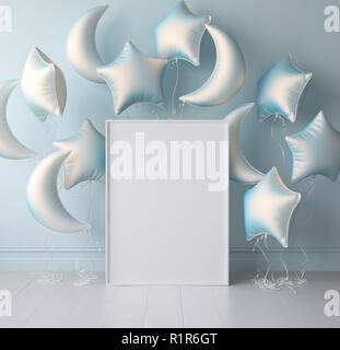 Mock up poster in interior background with pastel balloons, 3d render Stock Photo