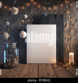 Mock up poster frame in cozy interior background, Christmas decoration, 3D render Stock Photo