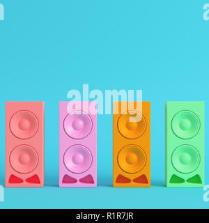 Four colorful speakers on bright blue background in pastel colors. Minimalism concept. 3d render Stock Photo