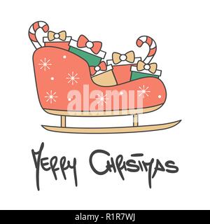 cute hand drawn lettering merry christmas vector greeting card with cartoon sleigh Stock Vector