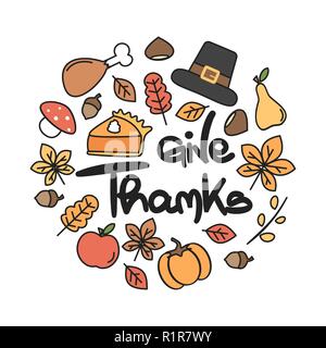 cute cartoon circle template with hand drawn lettering give thanks text, acorns, pumpkin, pie, apple, turkey, pilgrim hat, chestnuts, leaves, pear and Stock Vector