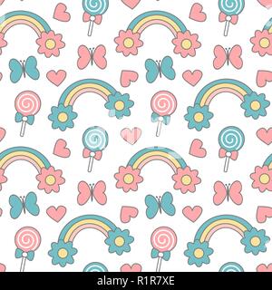 cute cartoon rainbows with daisy flowers, lollipops, hearts and butterflies seamless pattern vector background illustration Stock Vector