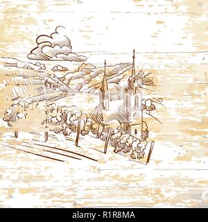 vintage vineyard drawing on wooden background. Hand-drawn vector illustration. Stock Vector