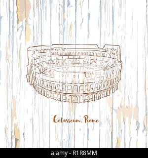 Colosseum rome drawing on wooden background. Hand-drawn vector vintage illustration. Stock Vector