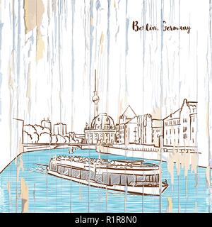 Berlin skyline drawing on wooden background. Hand-drawn vector vintage illustration. Stock Vector