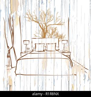 Hotel room king size bed on wood. Hand-drawn vector vintage illustration. Stock Vector