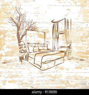 Vintage hotel room on wooden background. Hand-drawn vector vintage illustration. Stock Vector