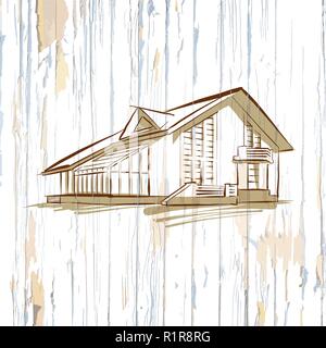 Modern house on old wooden background. Hand-drawn vector vintage illustration. Stock Vector