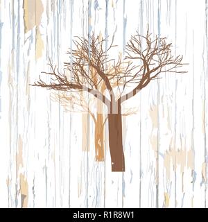 Trees drawing on wooden background. Hand-drawn vector vintage illustration. Stock Vector