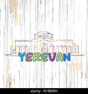 Colorful Yerevan drawing on wooden background. Hand drawn vector illustration. Stock Vector