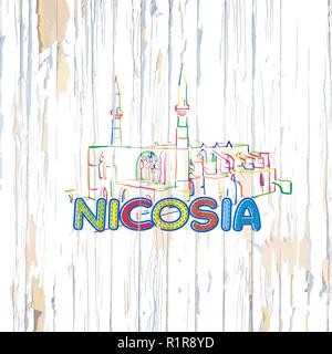 Colorful Nicosia drawing on wooden background. Hand drawn vector illustration. Stock Vector