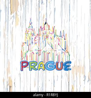 Colorful Prague drawing on wooden background. Hand drawn vector illustration. Stock Vector