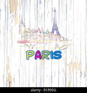 Colorful Paris drawing on wooden background. Hand drawn vector illustration. Stock Vector