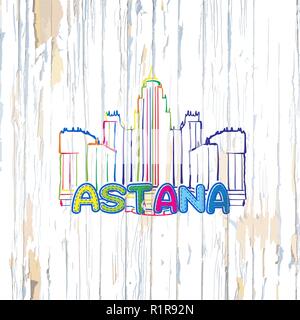 Colorful Astana drawing on wooden background. Hand drawn vector illustration. Stock Vector