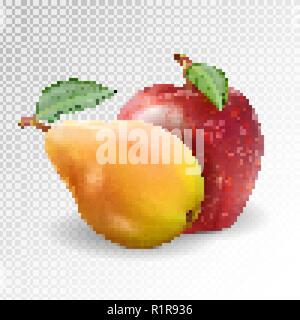 Ripe Apple and pear on transparent background, realistic vector, 3d illustration Stock Vector