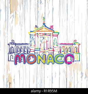 Colorful Monaco drawing on wooden background. Hand drawn vector illustration. Stock Vector